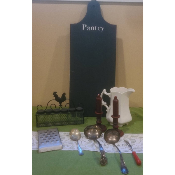Kitchen Decor Lot: Grace's Teaware Pitcher, Metal Spice Rack, Wooden Candlesticks, Utensils