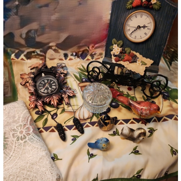 Assorted Decor Including: Clock with Berries 10 L, 6 W,  Lace Tablerunner, Birds and More!
