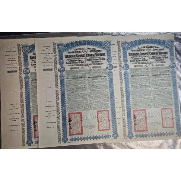 Vintage 1913 Chinese Republic Lung-Tsing-U-Haï Railway Gold Bonds.