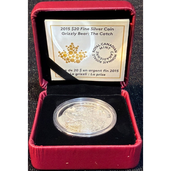 2015 $20 Grizzly Bear: The Catch Fine Silver Coin 31.39 Grams