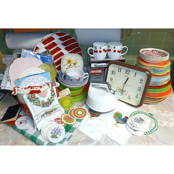 Collection Of Home & Kitchen Utensils- Sieko Wall Clock, Brand New Coffee Pot, Dishes, Doileys ,Kett