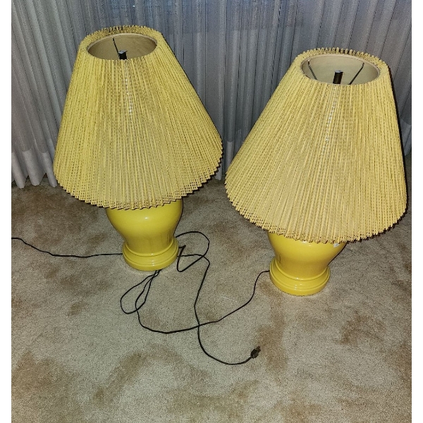Pair of Vintage Yellow Ceramic Lamps 8" Diameter Base, 26.5 T to Top of Finial 
