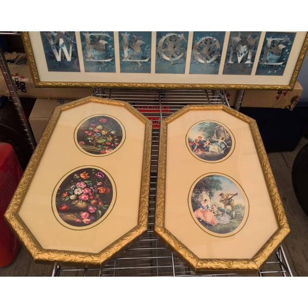Three Framed Art Prints Including Floral and Rococo Scenes