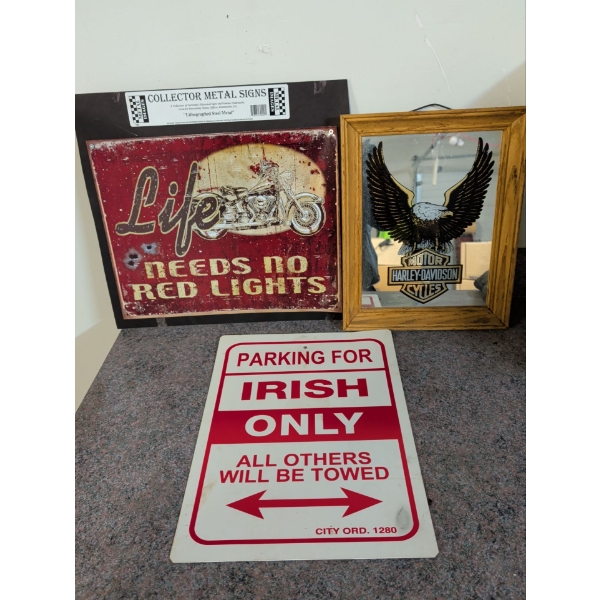 Shop Art - Harley Davidson Eagle Mirror w/ Humorous Irish Sign & Collectible Metal Plaque 