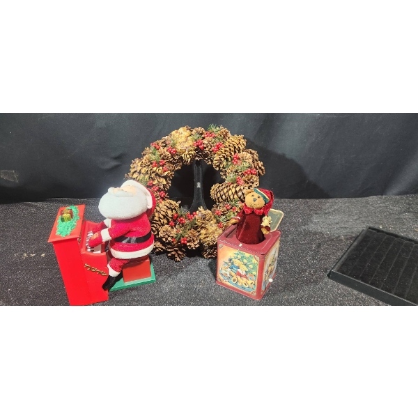 Holiday Decor Set with Musical Piano Santa, Teddy Tin, and Pinecone Wreath