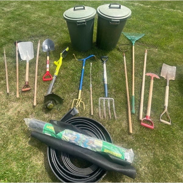 Assorted Yard Utensils-Ryobi Trimmer w/ battery, Shovels, Forks, Rakes, Edger, Trash Cans & More