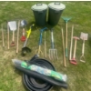 Image 1 : Assorted Yard Utensils-Ryobi Trimmer w/ battery, Shovels, Forks, Rakes, Edger, Trash Cans & More