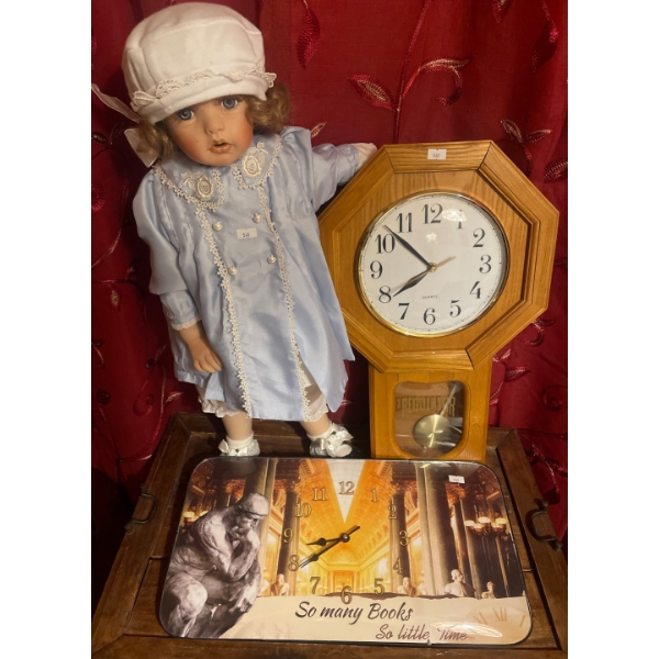 Octagonal Regulator Pendellum Clock w/ Baby Doll in Pajamas & More