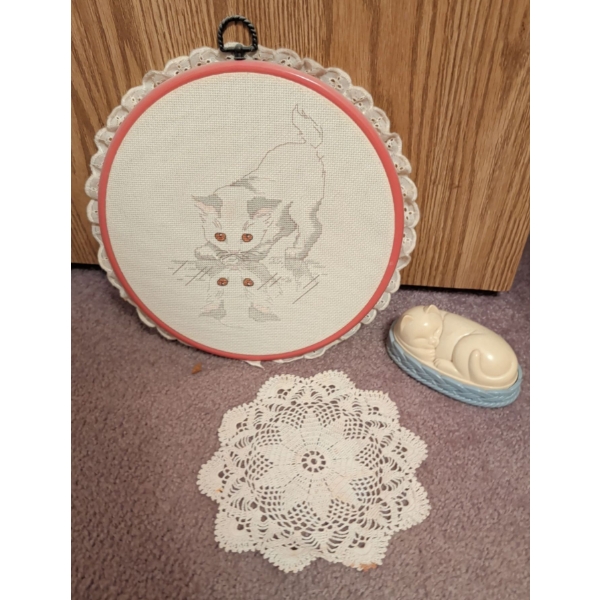 Feline Frenzy - Cute Vintage Cat Collectibles - Door Stop & Needle Craft Art