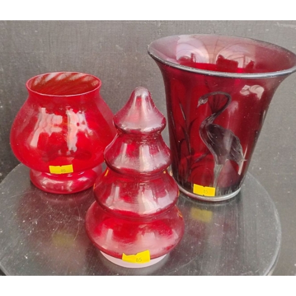 Ruby Red Hand Painted Vase w/ Glass Art Ruby Tree, and Decorative Red Candy Jar 