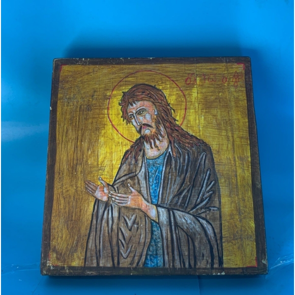 Saint John the Baptist Painted on a Wooden Board - 9.5x9