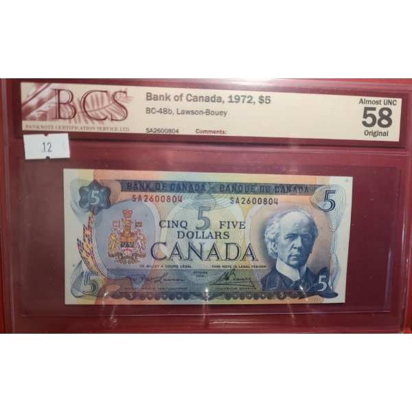 Certified Bank of Canada 1972- $5 Bill SA2600804- BC-48b/ Almost UNC 58 Original