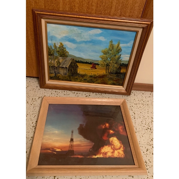 Oil on Board Landscape Art w/ Oil Rig Inferno Photograph 18x16