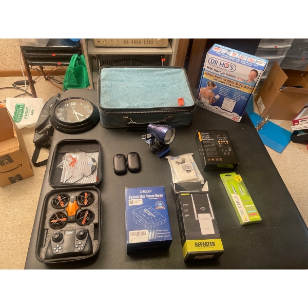Various Electronic Equipment - Mini Drone, Clock, Desklamp, Blood Pressure Monitor, and more