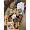 Image 1 : large box of linens  short glass set Stein barometer knife, set Alberta, wildlife magazines, and ano