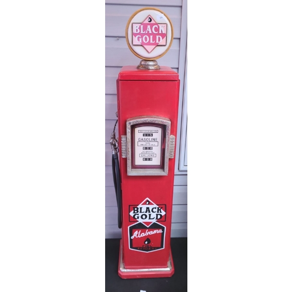 Black Gold Decorative Mini Gas Pump, Wooden Case with Shelves Inside 40 T, 8 L, 8 W