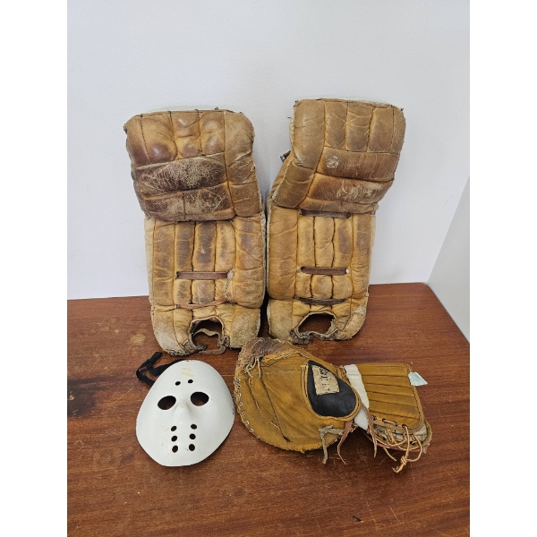 Vintage Hockey Goalie Equipment Set: Pads, Mask, and Glove
