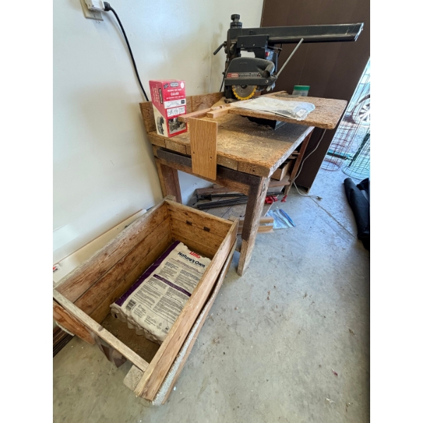 Craftsman 9 inch radial arm, saw with bench, woodworking clamps & a rolling wood box
