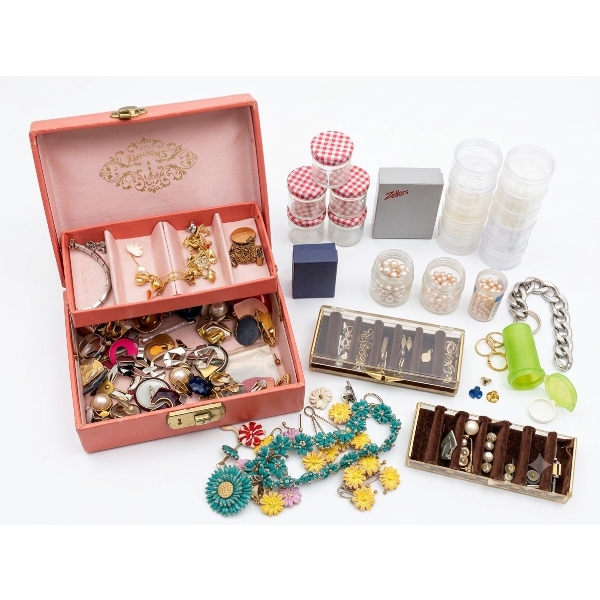 Vintage Costume Jewelry Lot with Pink Jewelry Box and Various Accessories