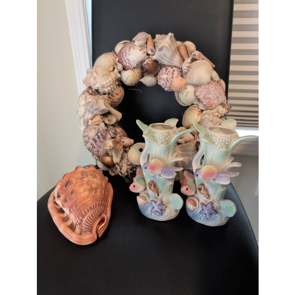 Aquatic Keepsakes: Shell Wreath, Porcelain Figurines, King Conch Shell