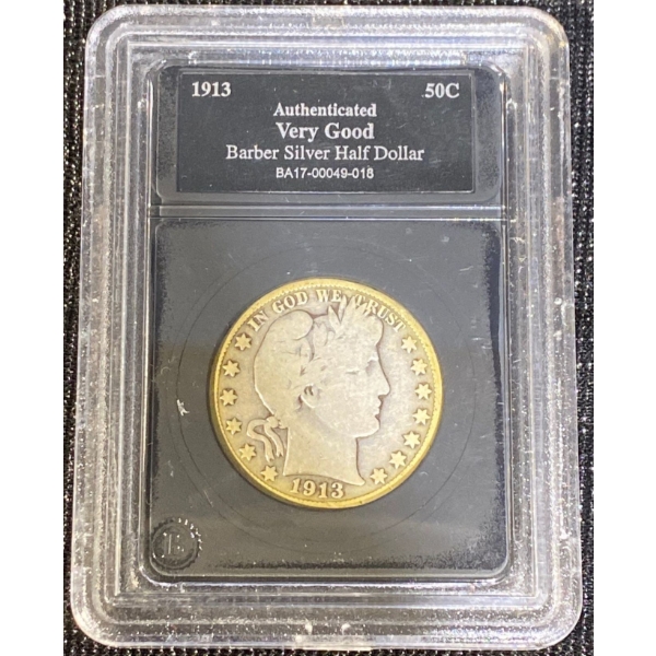 Authenticated Very Good 1913 Barber Silver Half Dollar