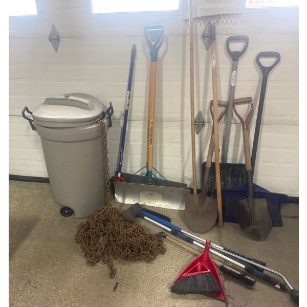 Yard and Garden Tools with Trash Bin and Rusted Metal Chain