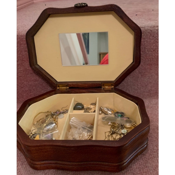 Antique Wood Trinket Box w/ Mystery Contents