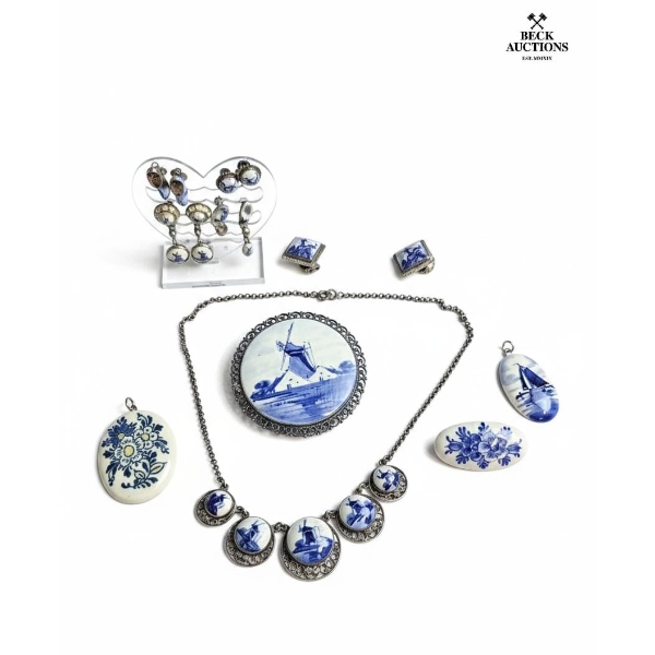  Collection Of Vintage Dutch Delft Porcelain Costume Jewelry , Necklace, Earrings, And Brooches