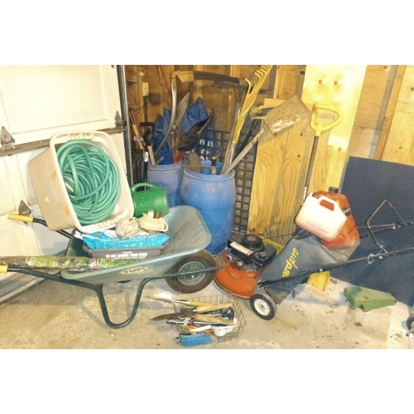 Complete Gardeners Stock Pile Of Goodies  Rakes, wheelbarrow, Lawnmower, Weed Whacker, Jerry Cans, H