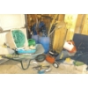 Image 1 : Complete Gardeners Stock Pile Of Goodies  Rakes, wheelbarrow, Lawnmower, Weed Whacker, Jerry Cans, H