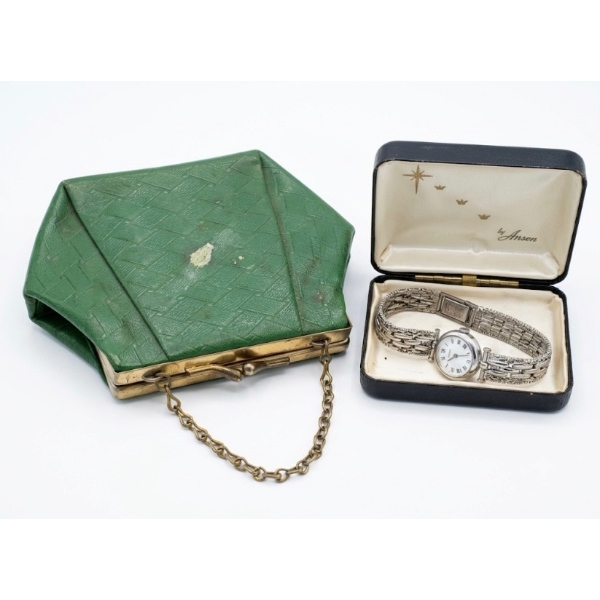 Silver Watch With Case and Green Clutch Purse