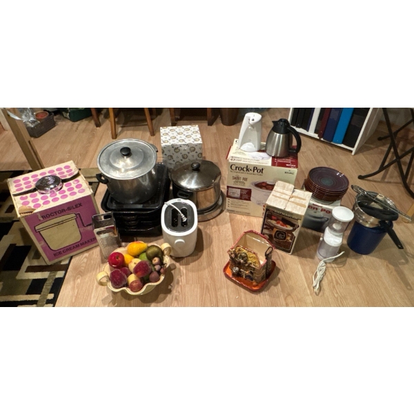 Large Kitchen Lot Including Crockpot, Ice Cream Maker, Dishes and More