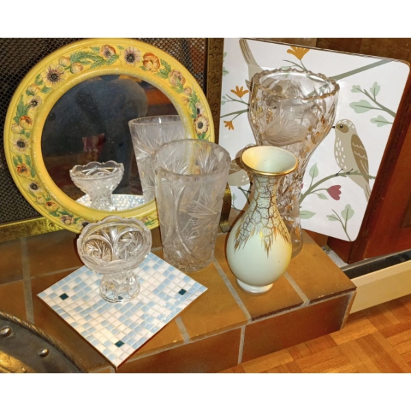 Stunning Vase Made in Italy, Multiple Crystal Pieces, & Antique Round Mirror + More Vase is 8  tall 