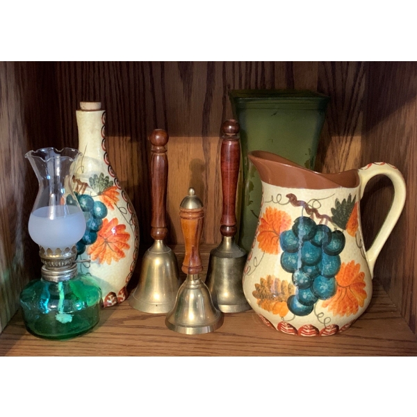 Farmhouse Chic Kitchen Collectables - Brass Bells Oil Lamp & Decorative Serving Vessels