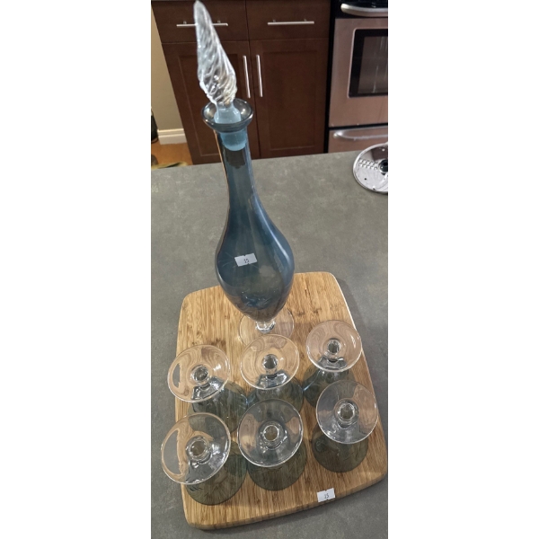 Vintage Bohemian Footed Crystal Decanter w/ 6 Serving Vessels - Aquamarine Opal