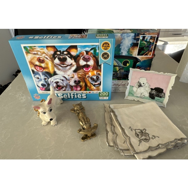 Pet Pack - Solid Brass Cheshire Cat Door Knocker K9 Figurine w/ Poodle Pic Puzzles & more