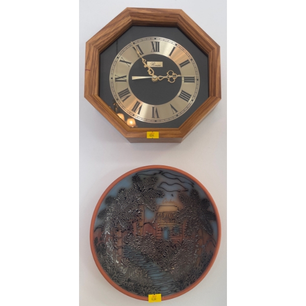 Octagonal Ronsie Wall Clock 9T w/ Decorative Palm Tree Pottery Bowl