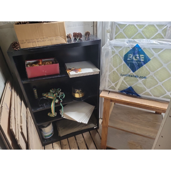 Metal Utility Shelf w/ Contents 36x12x45 & Antique Oak Bar Kart (in Storage Space on P1)