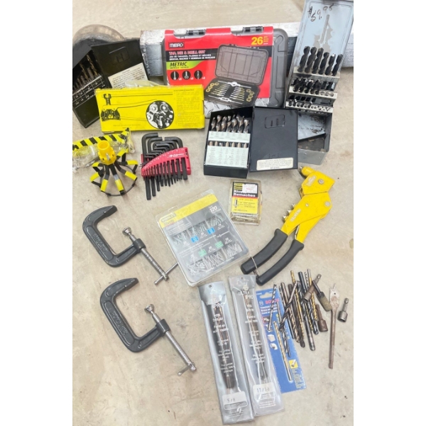 Variety of Hardware Items  Nails, Rivet Gun,  Clamps, Tap N Die Set & Drill Bit Assortment