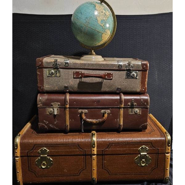 Vintage Globe With Three-Piece Luggage Set and Hudson’s Bay Blanket