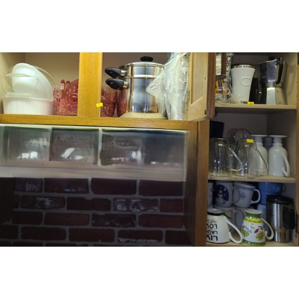 Contents of Cupboards: Casserole Dishes, Stainless Pot, Pink Plastic Salad Bowl, Mugs and More!