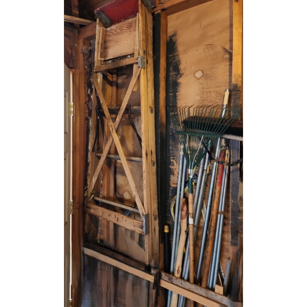 Wooden A Frame Ladder and Garden Tools 