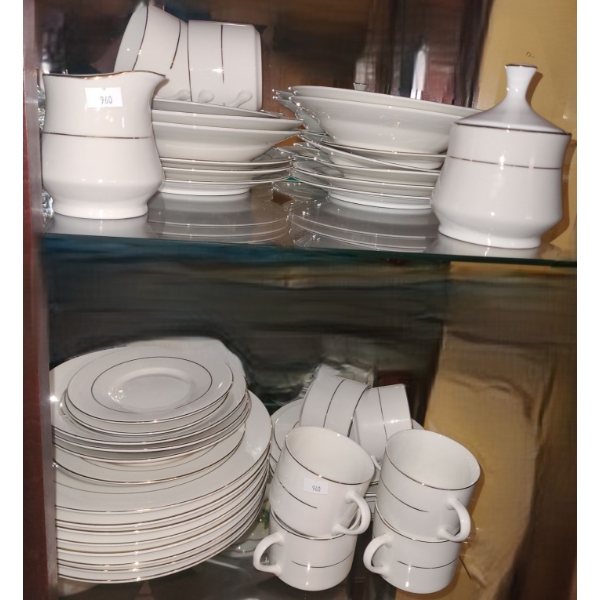 Gibson Dinnerware White with Gold Detail Includes: Plates, Cups, Saucers, Cream and Sugar Dispenser