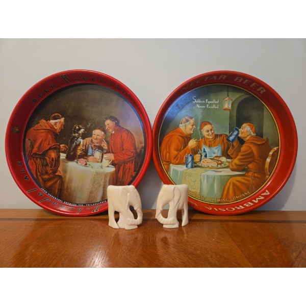 Religious Themed Metal Trays w/ Bone Carved Elephants 