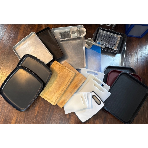 Contents of Cupboard: Baking Pans, Cutting Board, Heavy Duty Bucket and More!