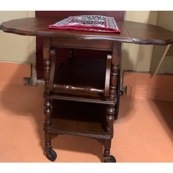 Wooden Wheeled Cocktail Cart with Drawer, Shelf and Expandable Sides 38 L when Opened, 28 T, 27 W