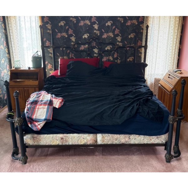 King Size Bed w/ Mattress, Frame, Linens. As Pictured, Bring Help, Bed ONLY
