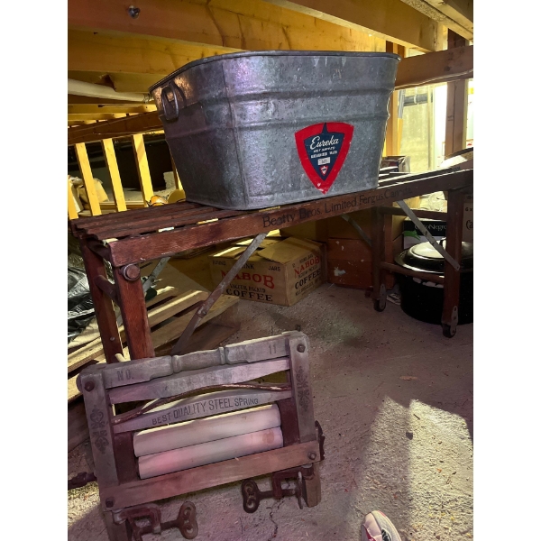  vintage wash basin, bench and hand crank clothes ringer