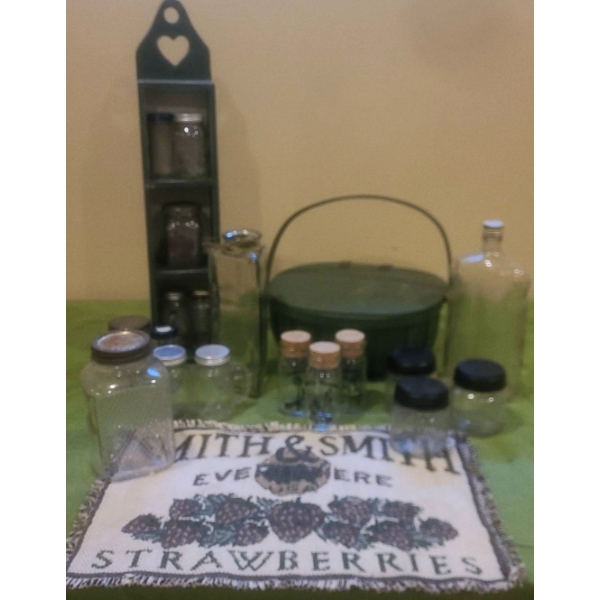 Lot with Assorted Glass Jars, Wooden Rack, Painted Basket, and Decor