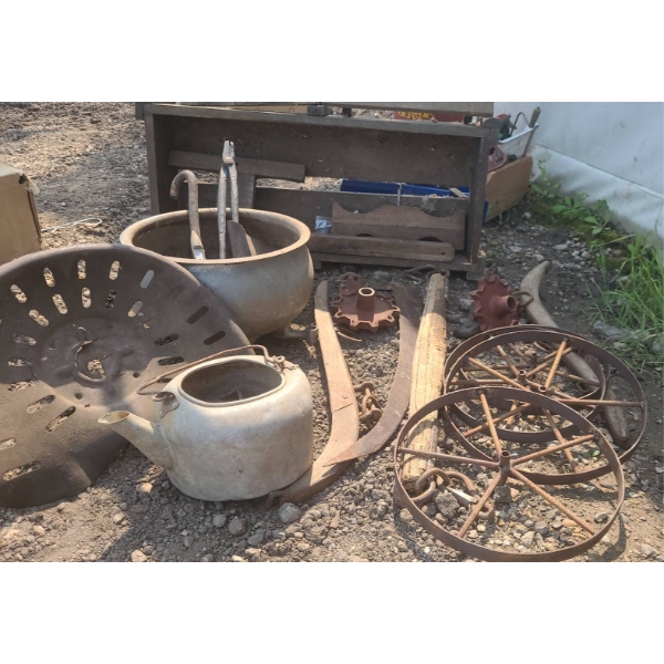 Farm Implements, Wagon Parts, and Metalware Lot